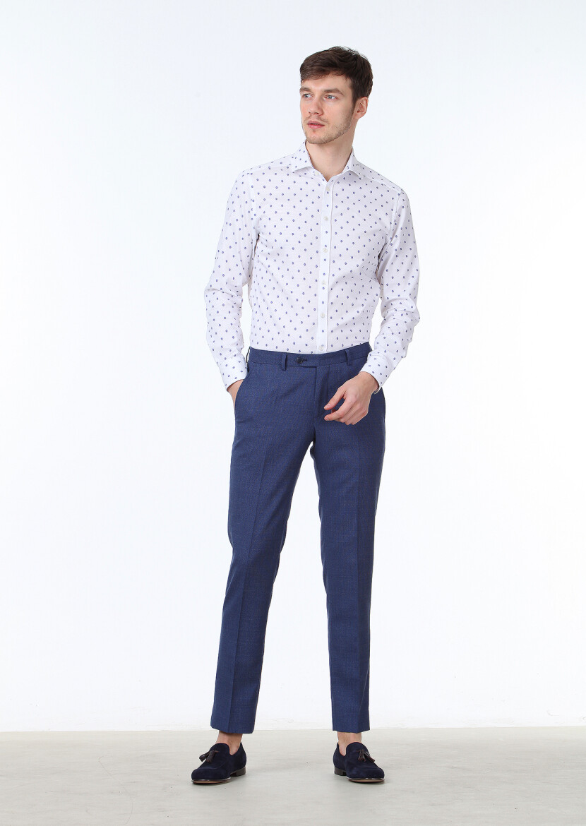 Blue Printed Slim Fit Long Weaving Classical 100% Cotton Shirt - 2