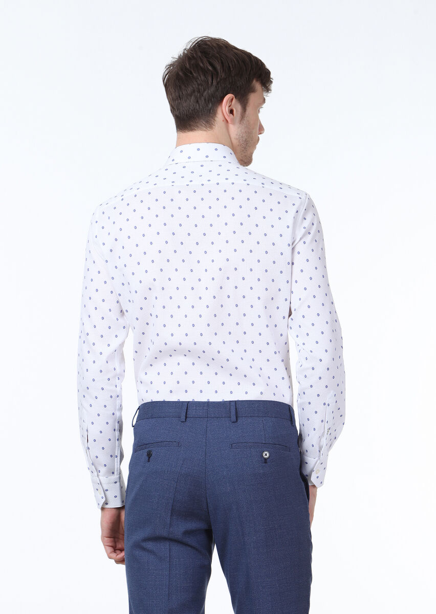 Blue Printed Slim Fit Long Weaving Classical 100% Cotton Shirt - 4