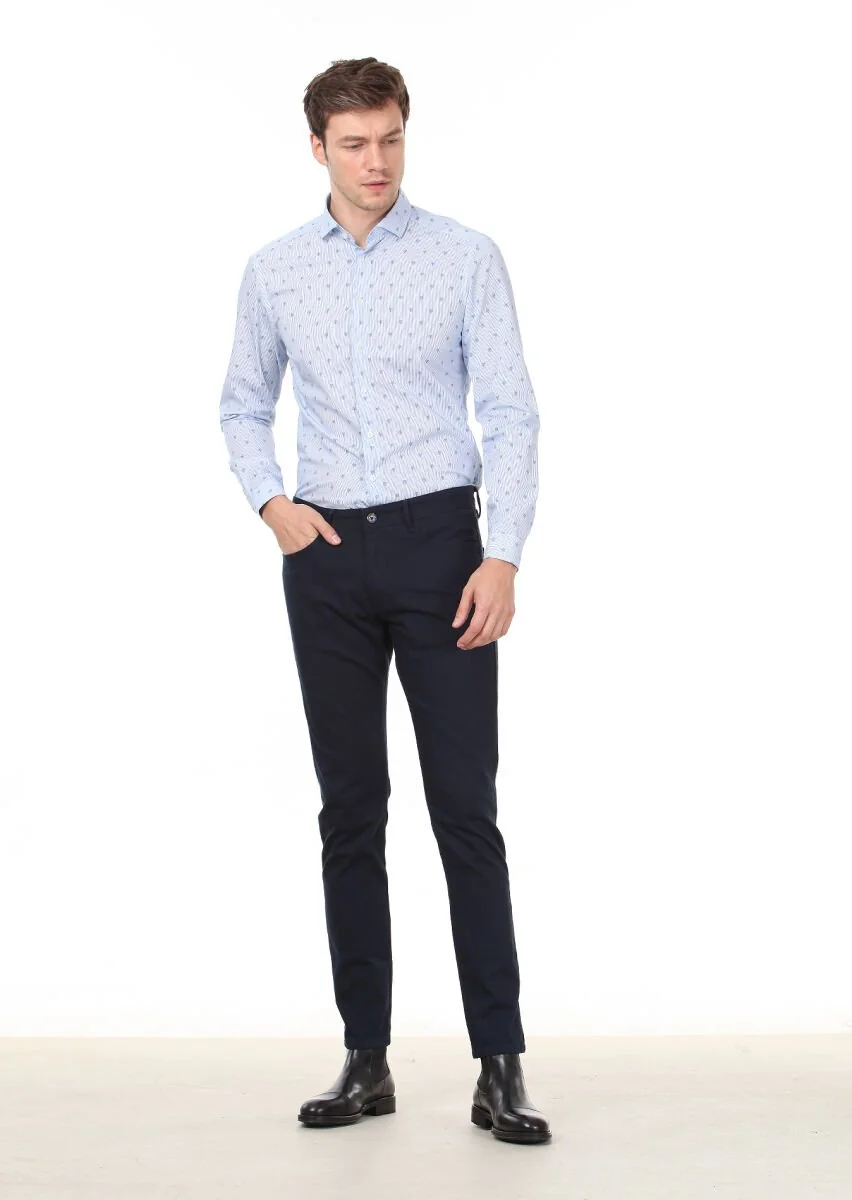 Blue Printed Slim Fit Weaving Casual 100% Cotton Shirt - 3
