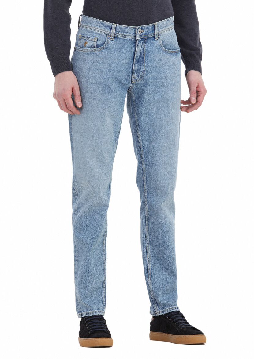 Blue Regular Fit Denim Cotton Blended Trousers 