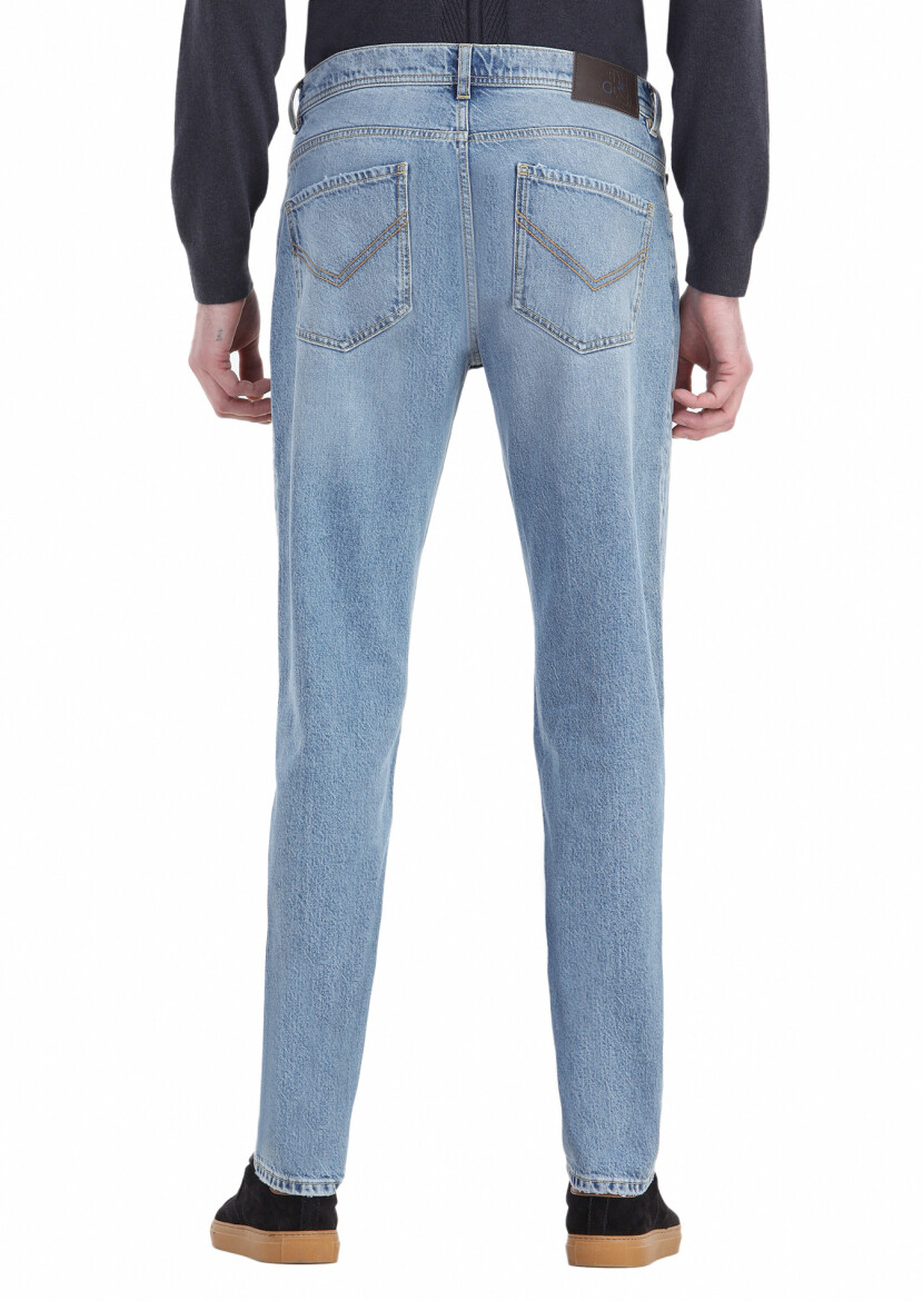 Blue Regular Fit Denim Cotton Blended Trousers - 3