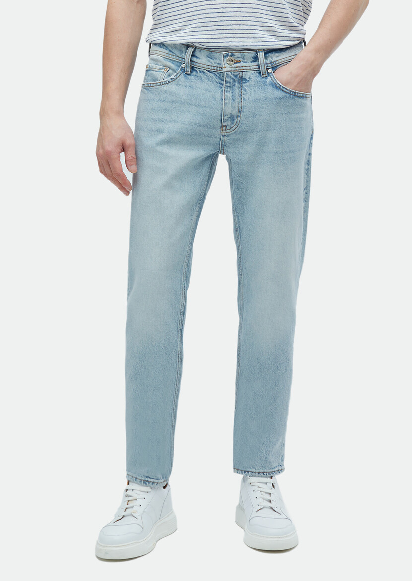 Blue Regular Fit Denim Cotton Blended Trousers - 3