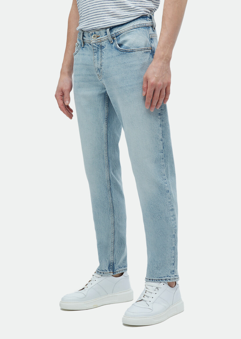 Blue Regular Fit Denim Cotton Blended Trousers - 4