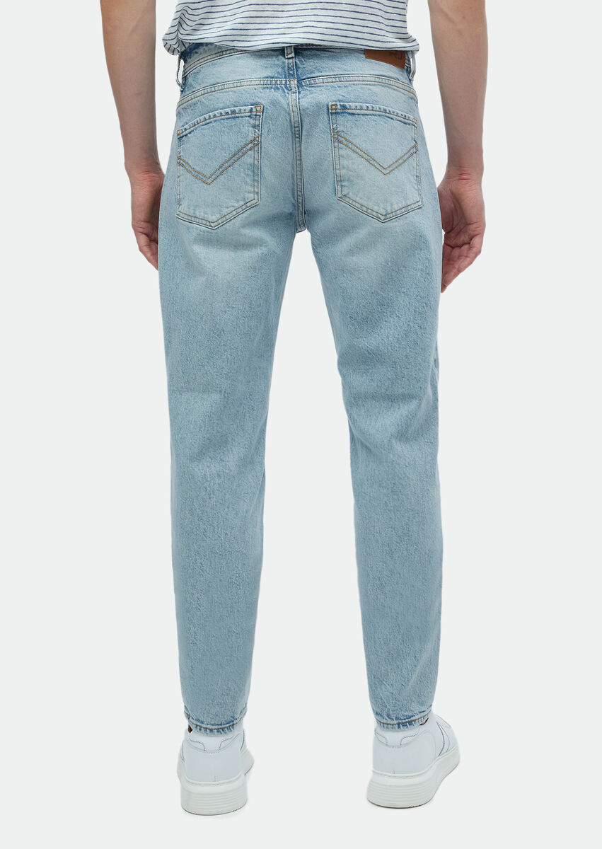 Blue Regular Fit Denim Cotton Blended Trousers - 7