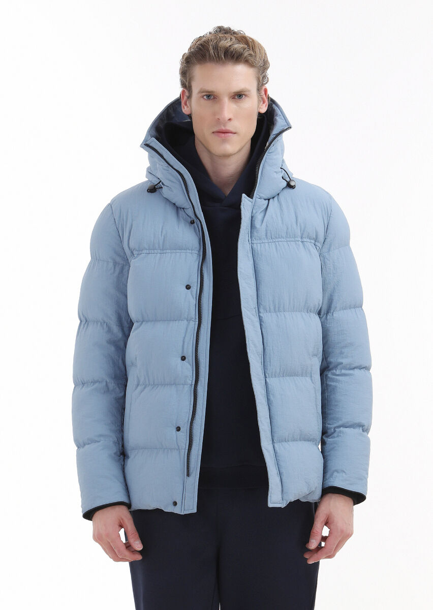Blue Regular Fit Hooded Casual Weaving Coat - 1
