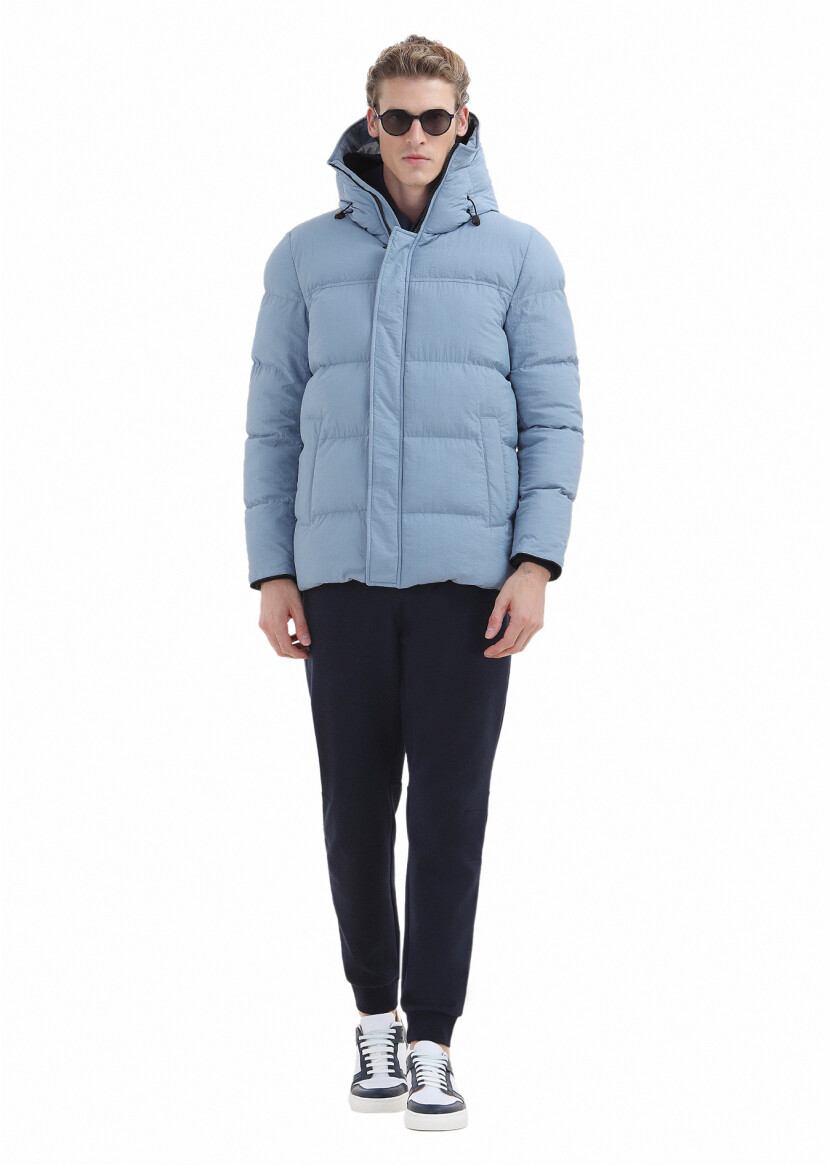 Blue Regular Fit Hooded Casual Weaving Coat - 2