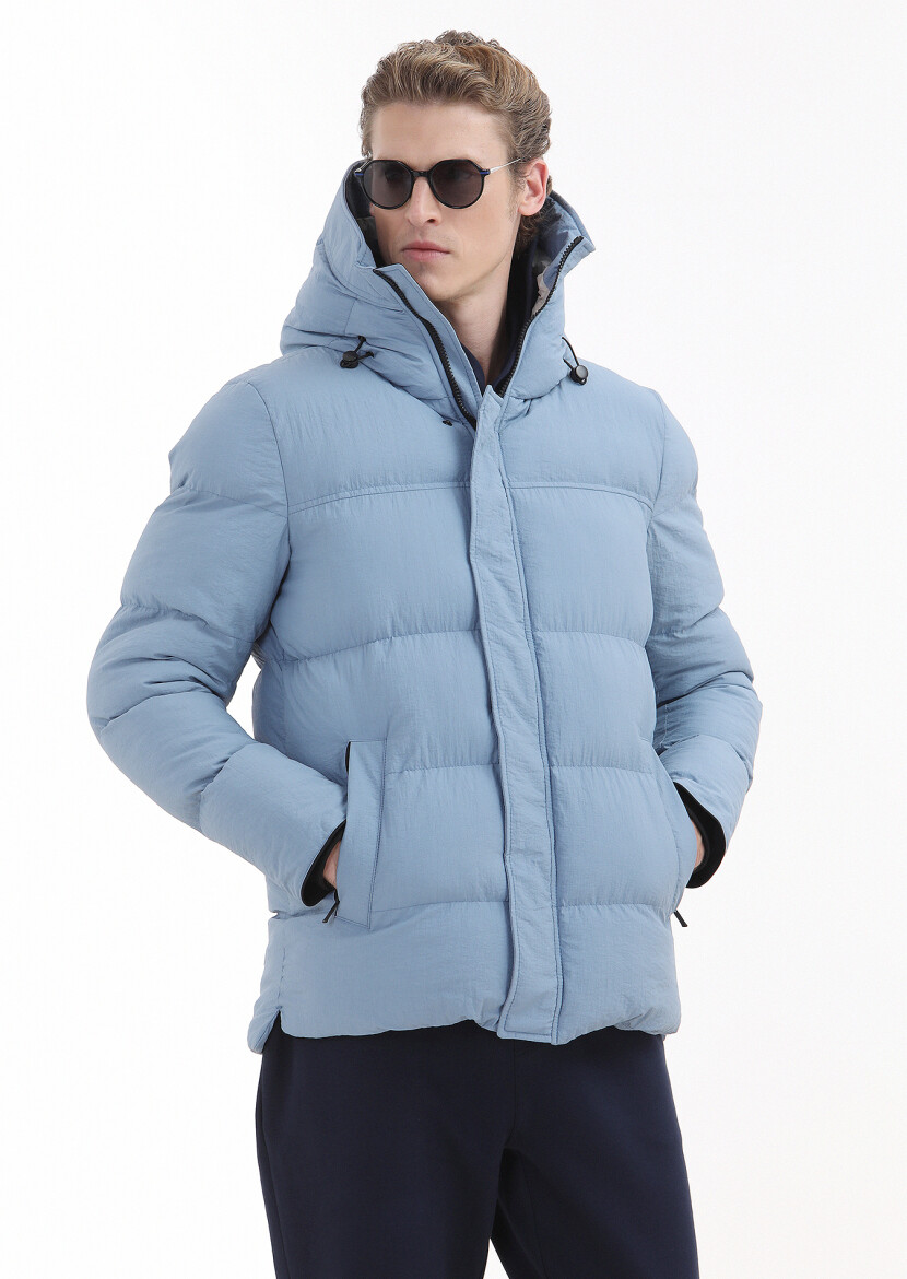 Blue Regular Fit Hooded Casual Weaving Coat - 3