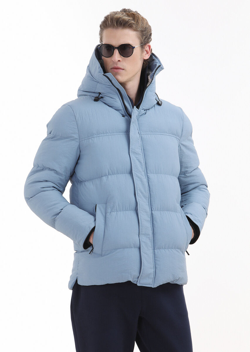 Blue Regular Fit Hooded Casual Weaving Coat - 3