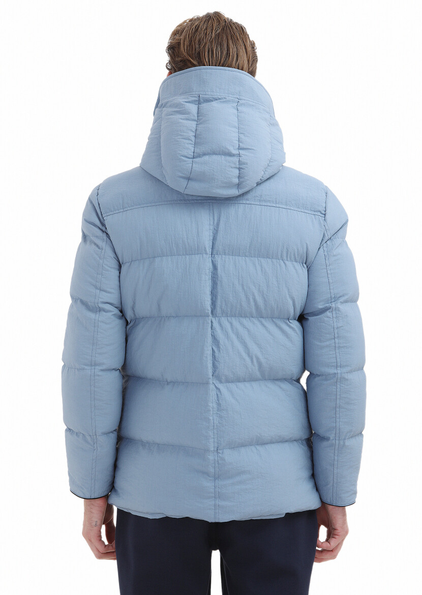 Blue Regular Fit Hooded Casual Weaving Coat - 4