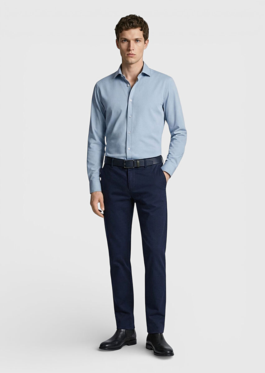 Blue Regular Fit Knitting Classical Shirt - 2