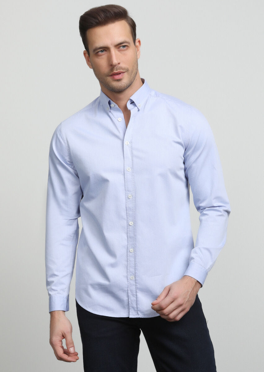 Blue Regular Fit Long Weaving Casual 100% Cotton Shirt - 1