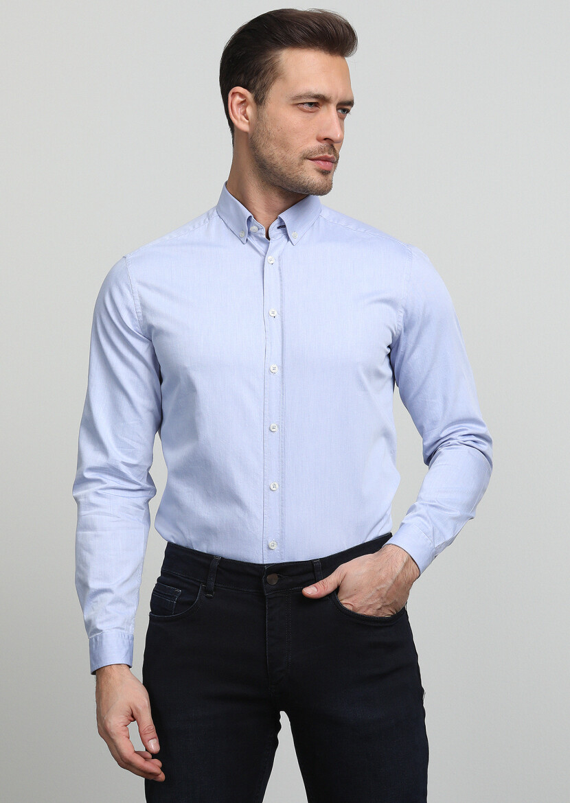 Blue Regular Fit Long Weaving Casual 100% Cotton Shirt - 3