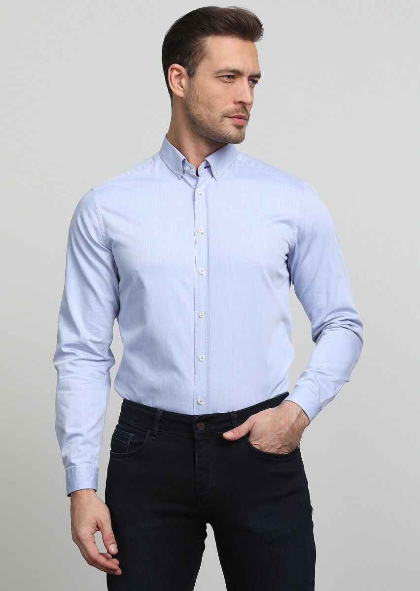 Blue Regular Fit Long Weaving Casual 100% Cotton Shirt - 3