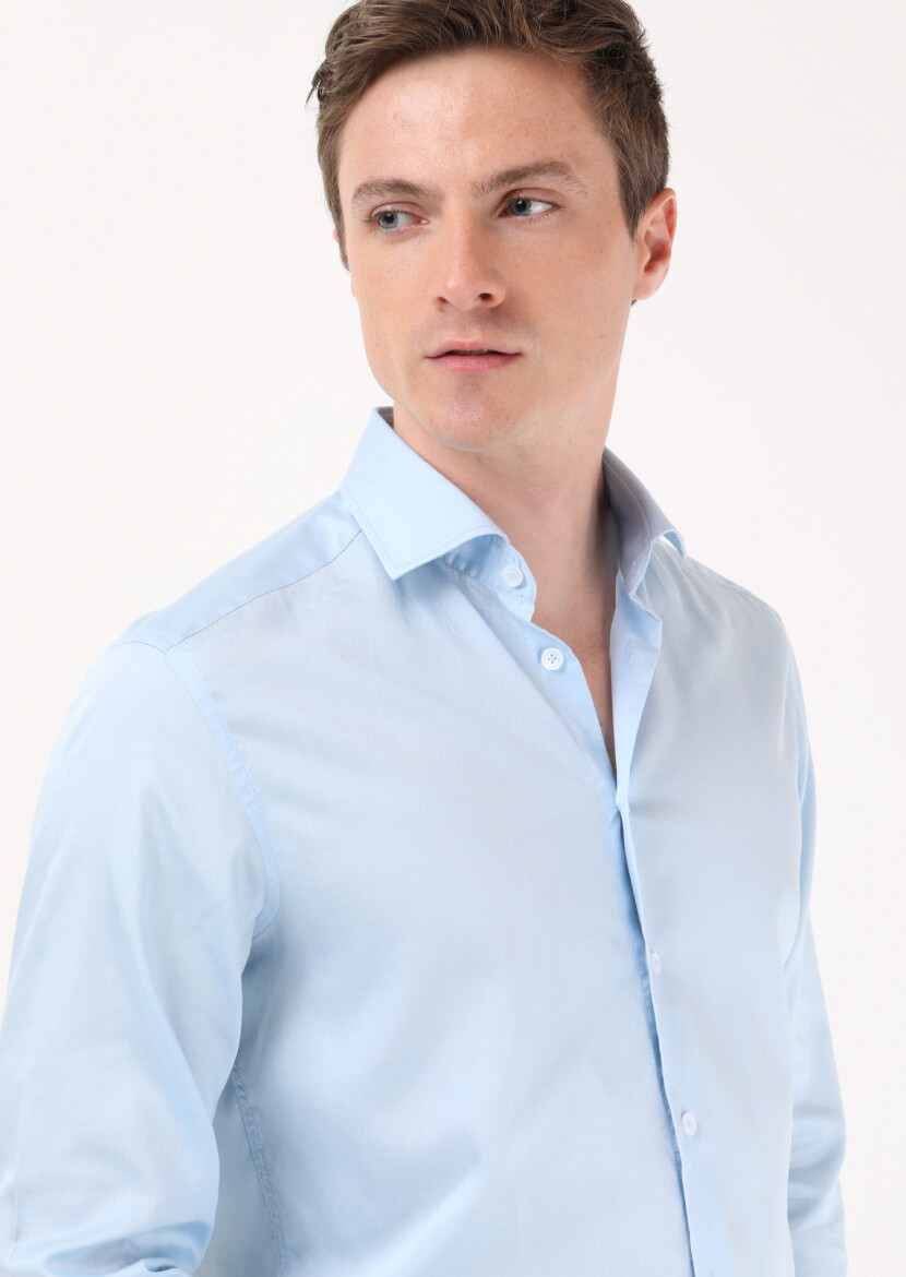 Blue Regular Fit Long Weaving Casual Cotton Blended Shirt - 1