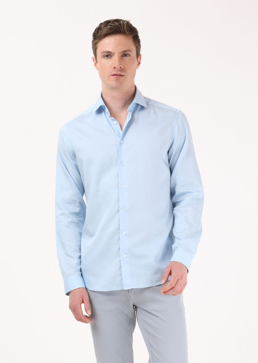 Blue Regular Fit Long Weaving Casual Cotton Blended Shirt - 2