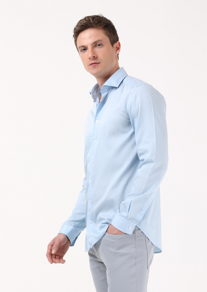 Blue Regular Fit Long Weaving Casual Cotton Blended Shirt - 3