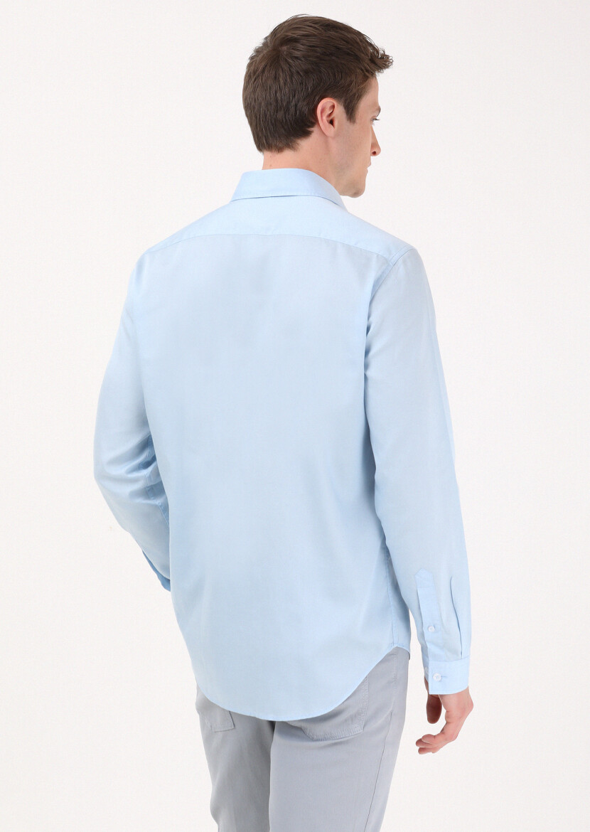 Blue Regular Fit Long Weaving Casual Cotton Blended Shirt - 4