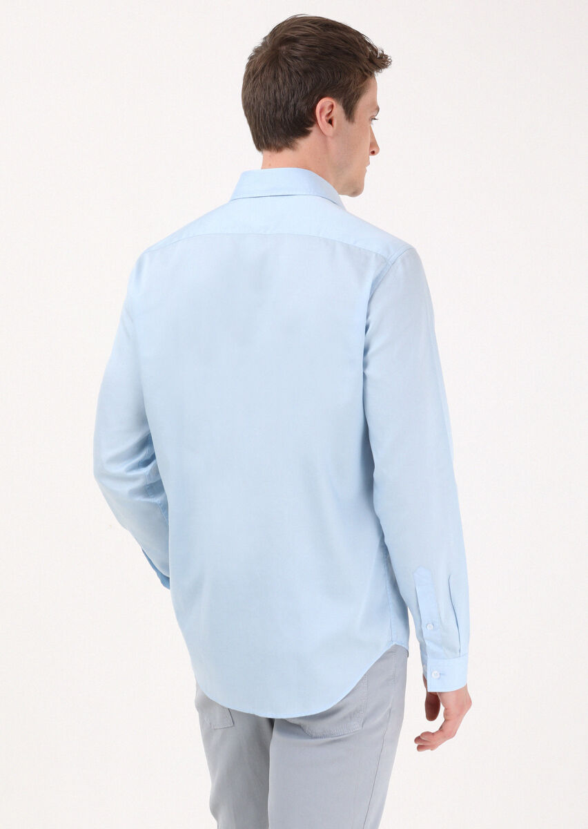 Blue Regular Fit Long Weaving Casual Cotton Blended Shirt - 4