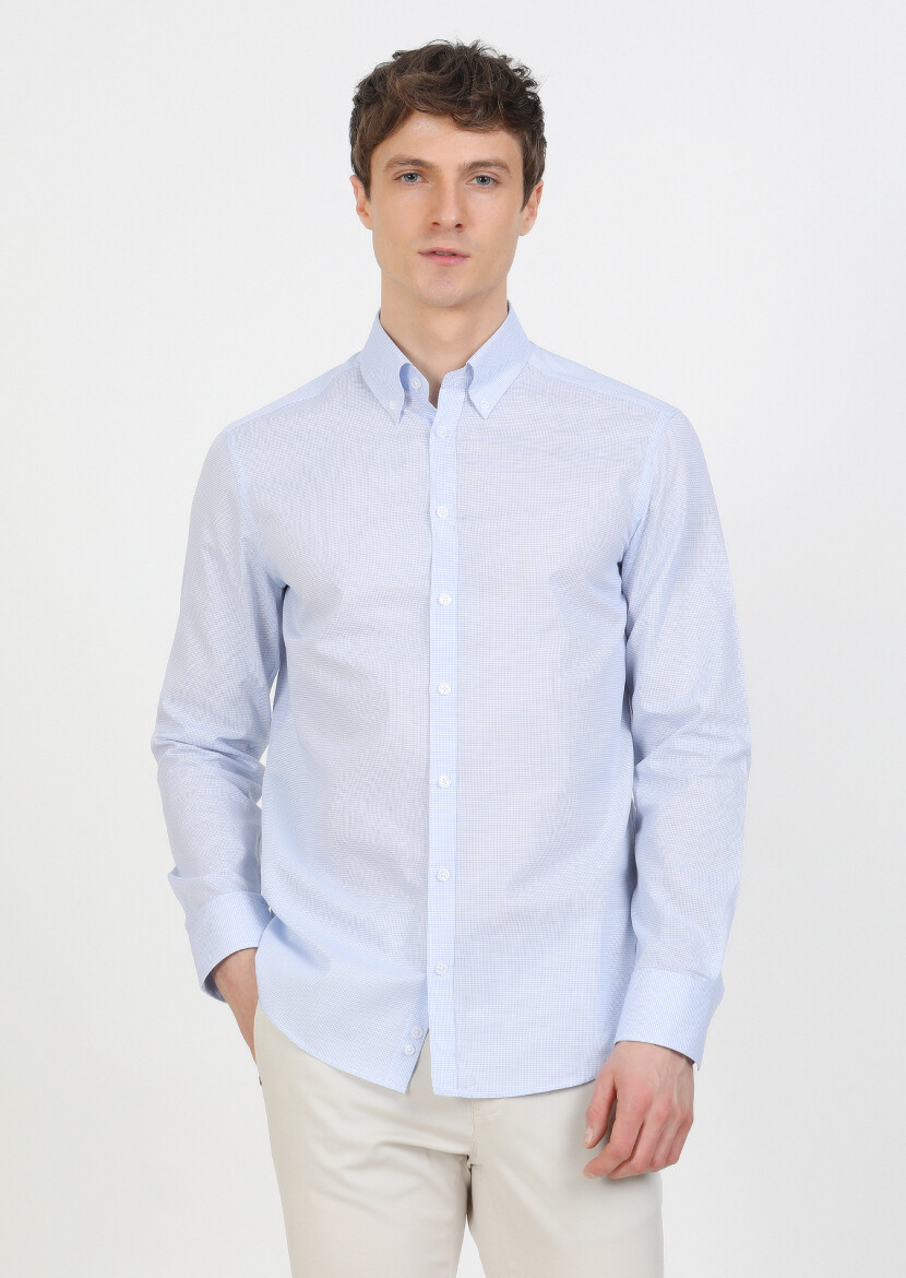 Blue Regular Fit Long Weaving Classical 100% Cotton Shirt - 1