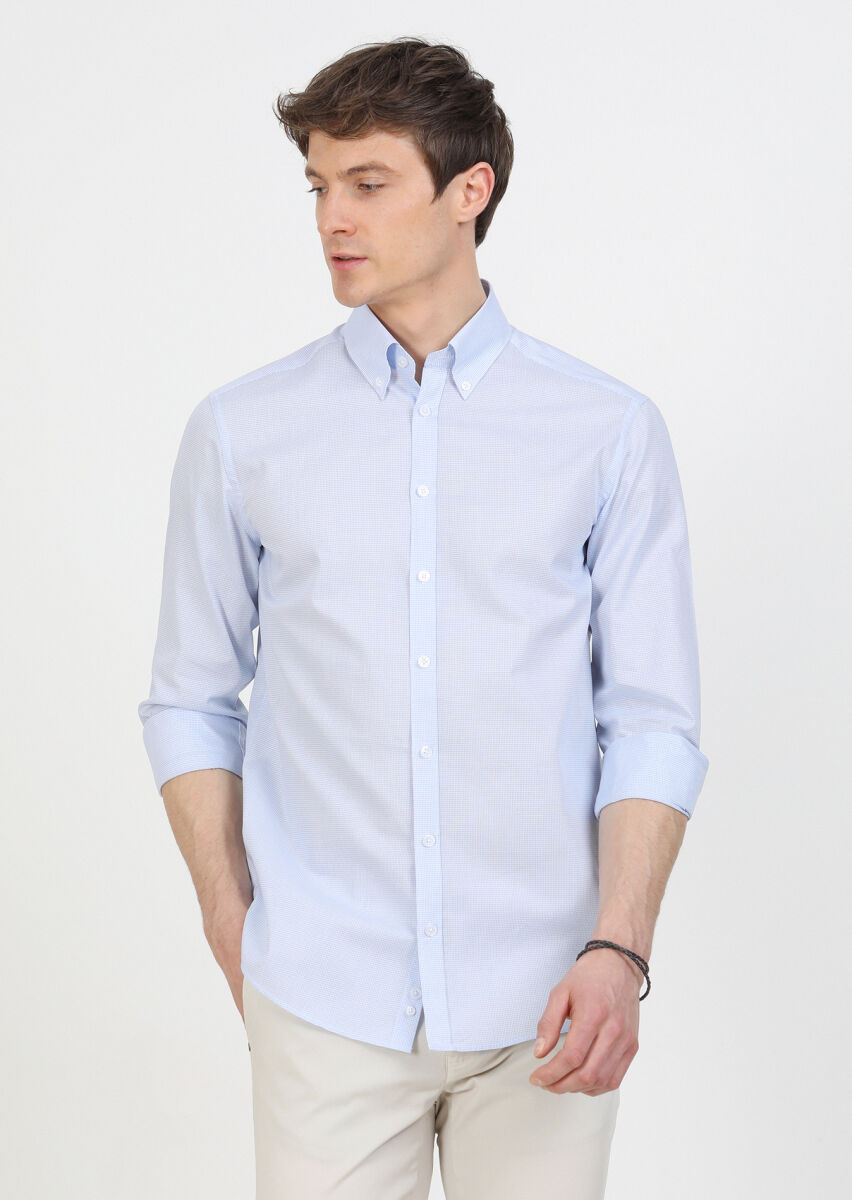 Blue Regular Fit Long Weaving Classical 100% Cotton Shirt - 2