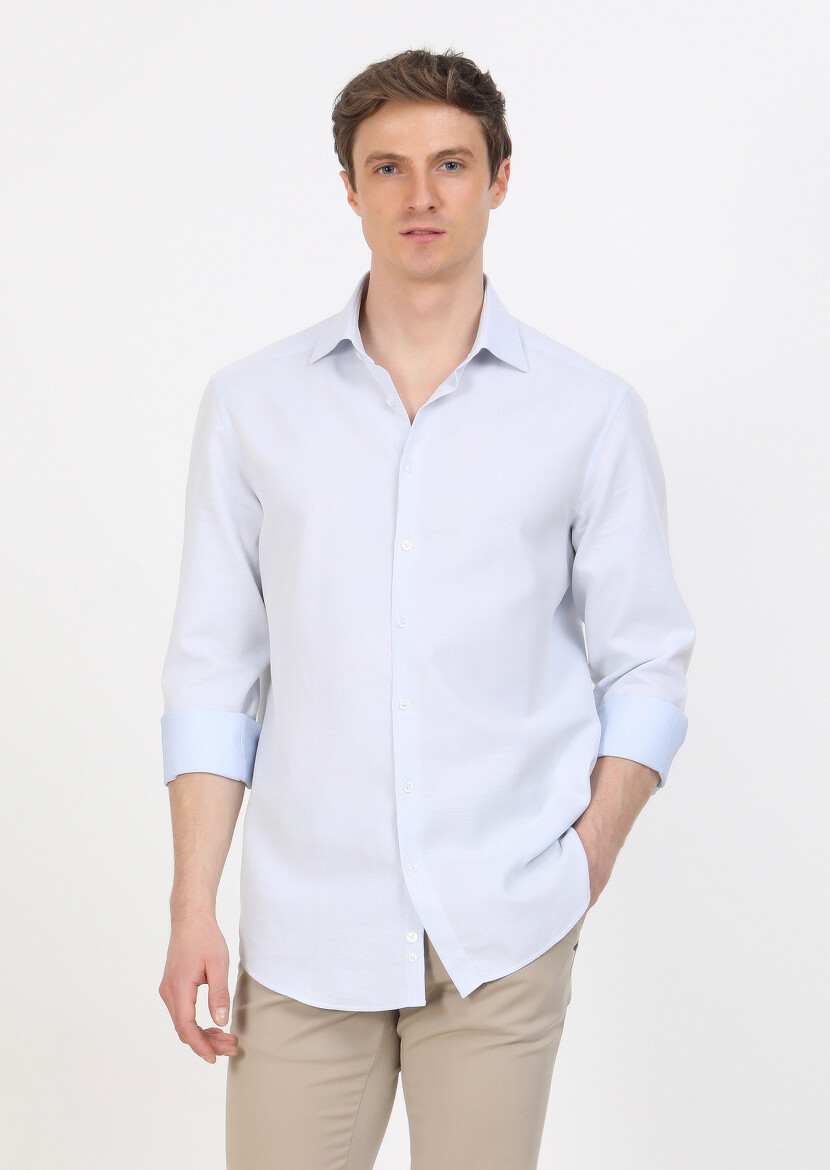 Blue Regular Fit Long Weaving Classical 100% Cotton Shirt - 1