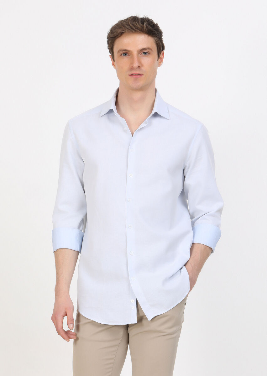 Blue Regular Fit Long Weaving Classical 100% Cotton Shirt - 1