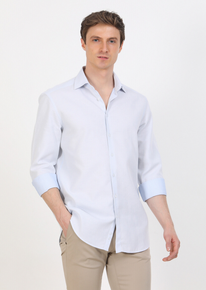 Blue Regular Fit Long Weaving Classical 100% Cotton Shirt - 2