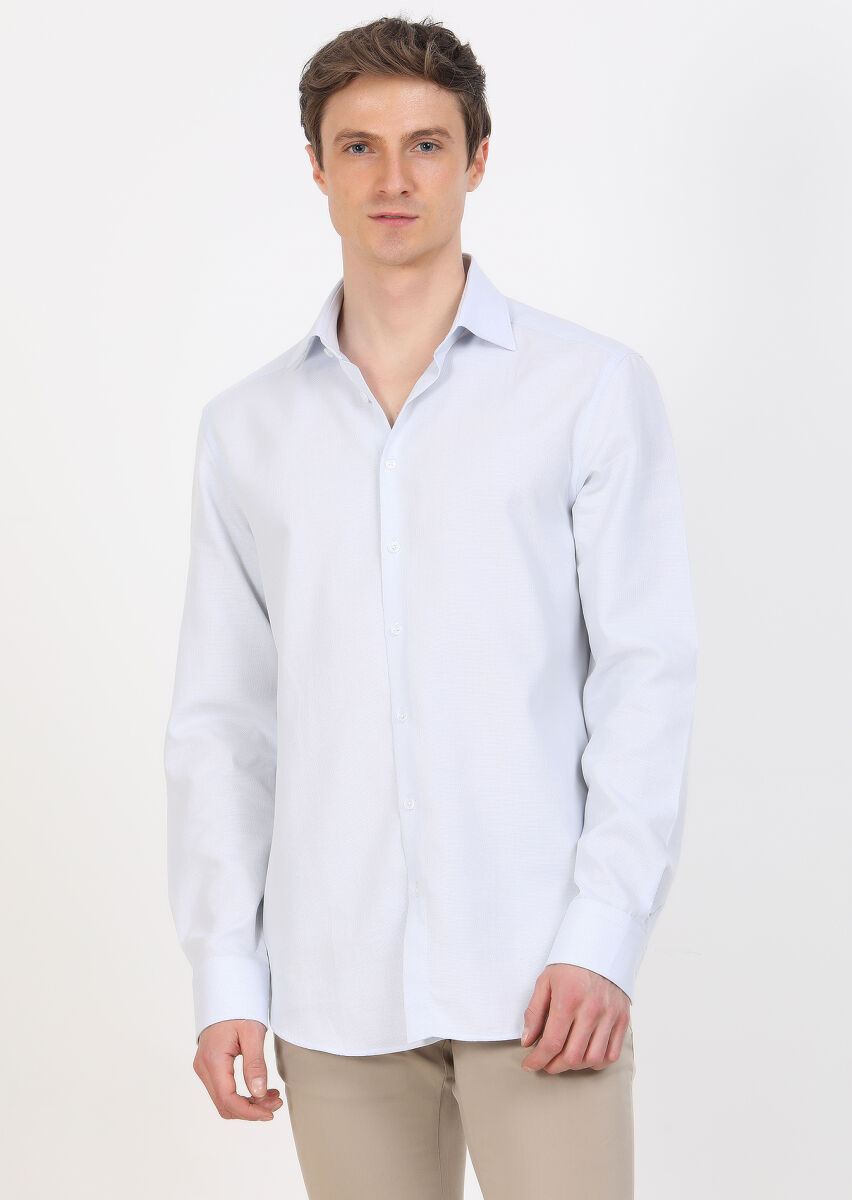 Blue Regular Fit Long Weaving Classical 100% Cotton Shirt - 3
