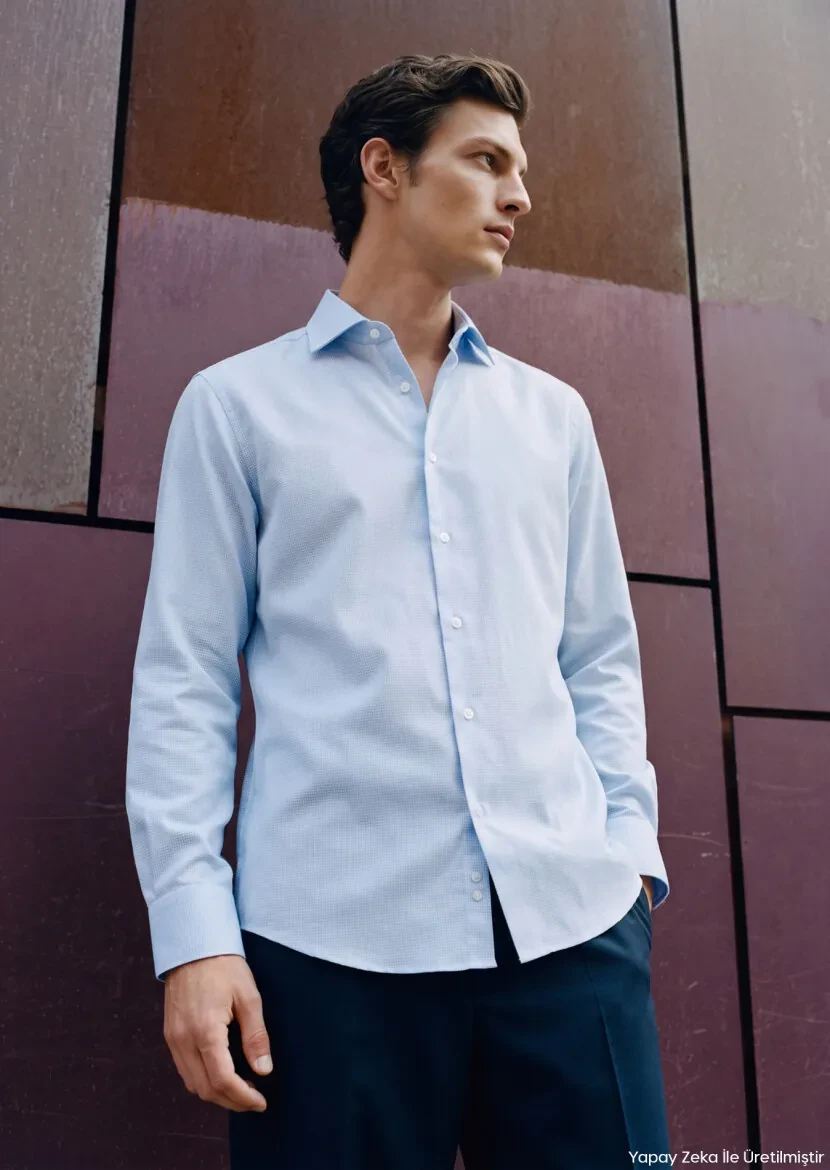 Blue Micro Regular Fit Long Weaving Classical 100% Cotton Shirt - RAMSEY