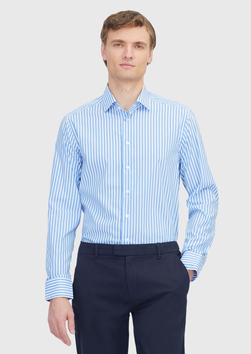 Blue Regular Fit Long Weaving Classical Cotton Blended Shirt - 1