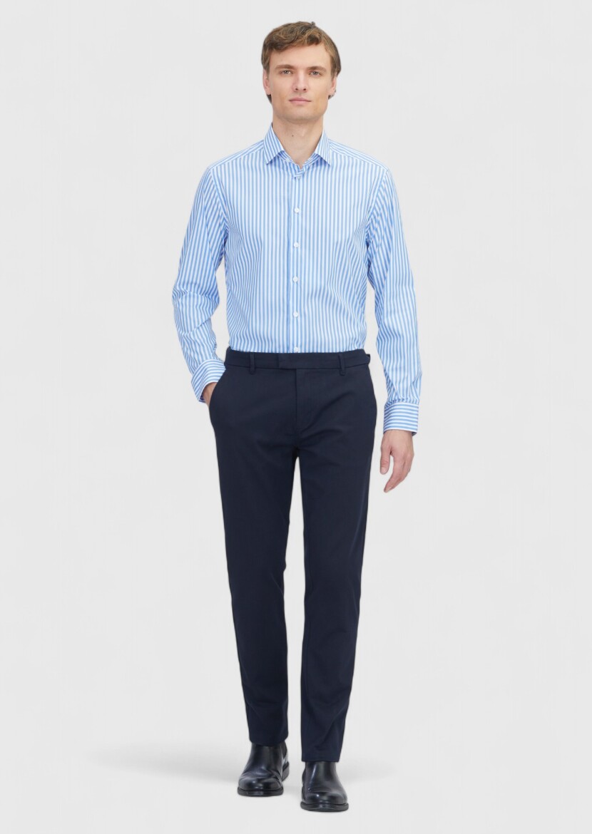 Blue Regular Fit Long Weaving Classical Cotton Blended Shirt - 2