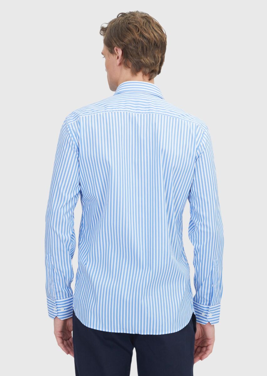 Blue Regular Fit Long Weaving Classical Cotton Blended Shirt - 5