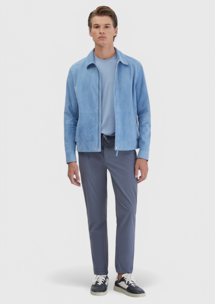 Blue Regular Fit Shirt Collar Casual Leather Coat - 2