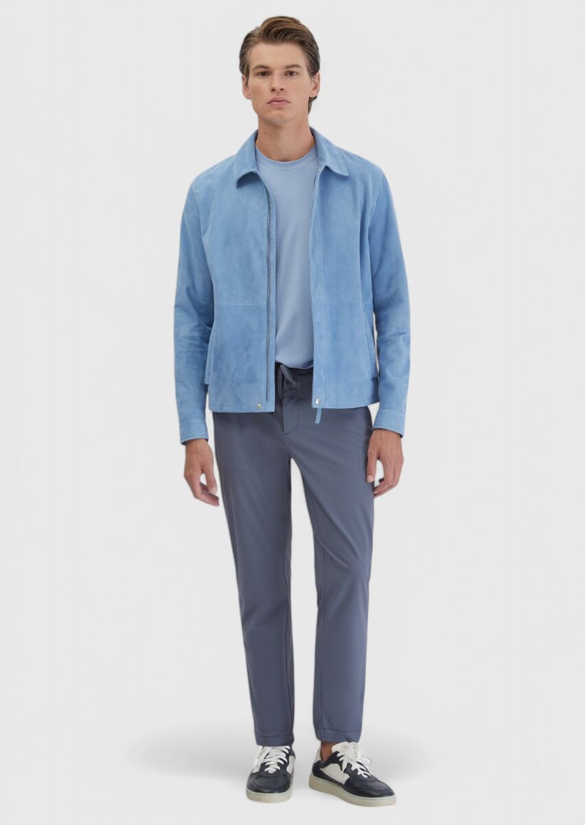 Blue Regular Fit Shirt Collar Casual Leather Coat - 2