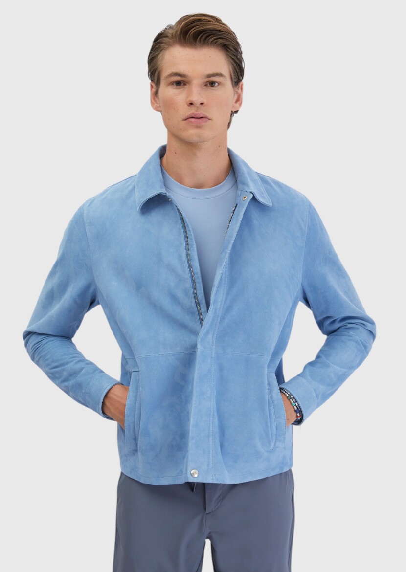 Blue Regular Fit Shirt Collar Casual Leather Coat - 3