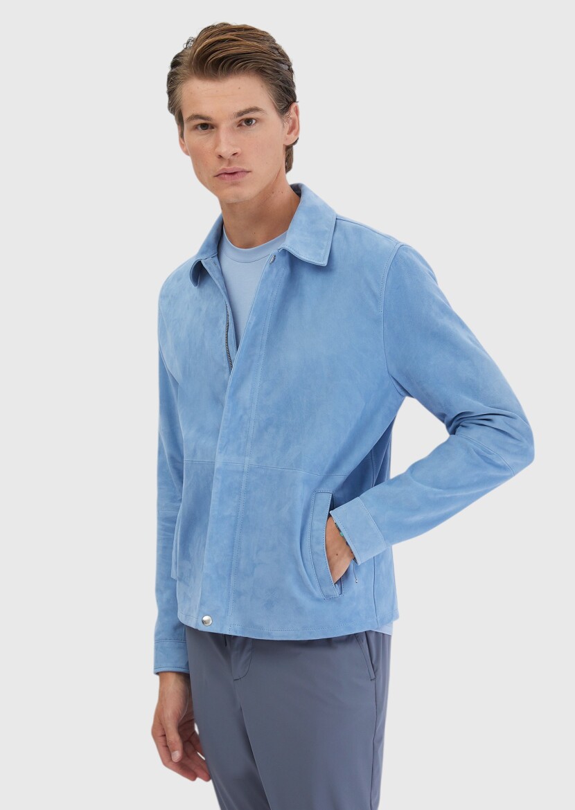 Blue Regular Fit Shirt Collar Casual Leather Coat - 4