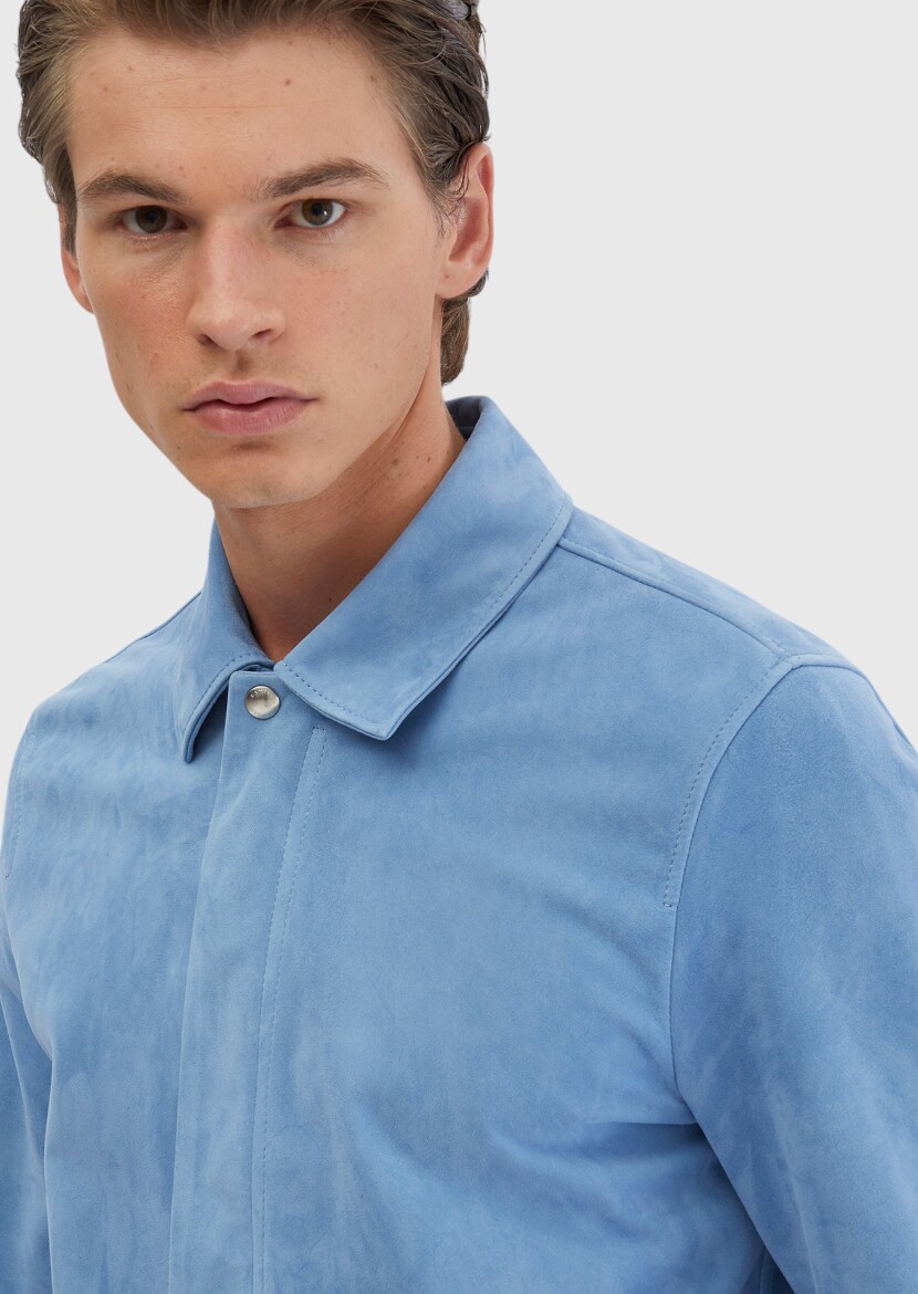 Blue Regular Fit Shirt Collar Casual Leather Coat - 5