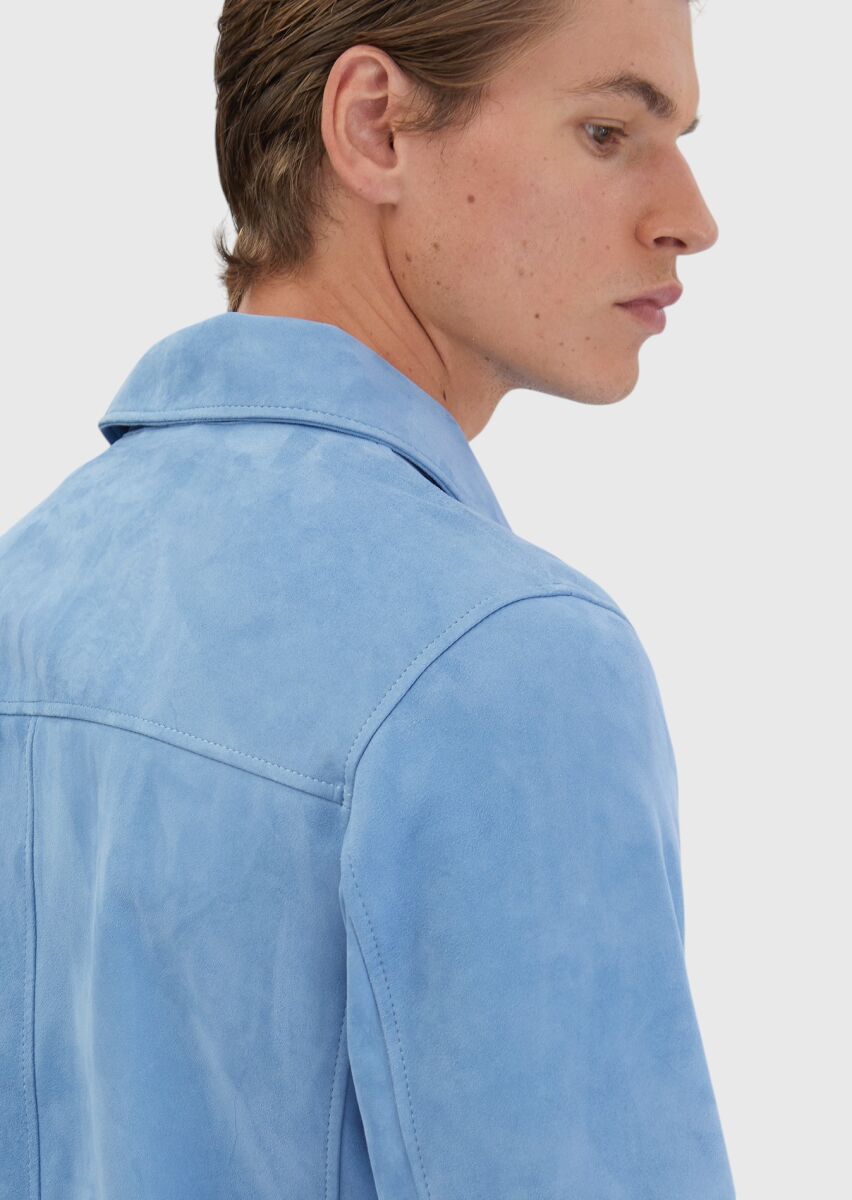 Blue Regular Fit Shirt Collar Casual Leather Coat - 7