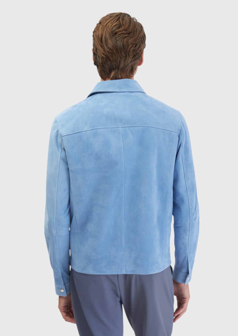 Blue Regular Fit Shirt Collar Casual Leather Coat - 8