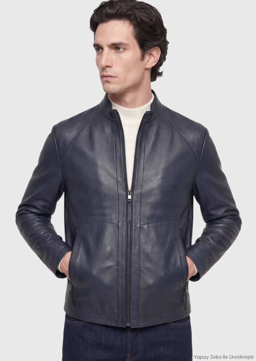 Blue Regular Fit Turtleneck Casual Leather Leather Coat - RAMSEY