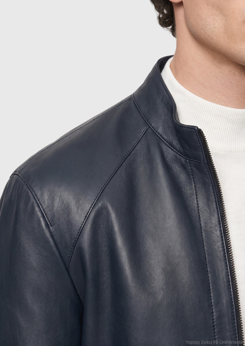 Blue Regular Fit Turtleneck Casual Leather Leather Coat - RAMSEY