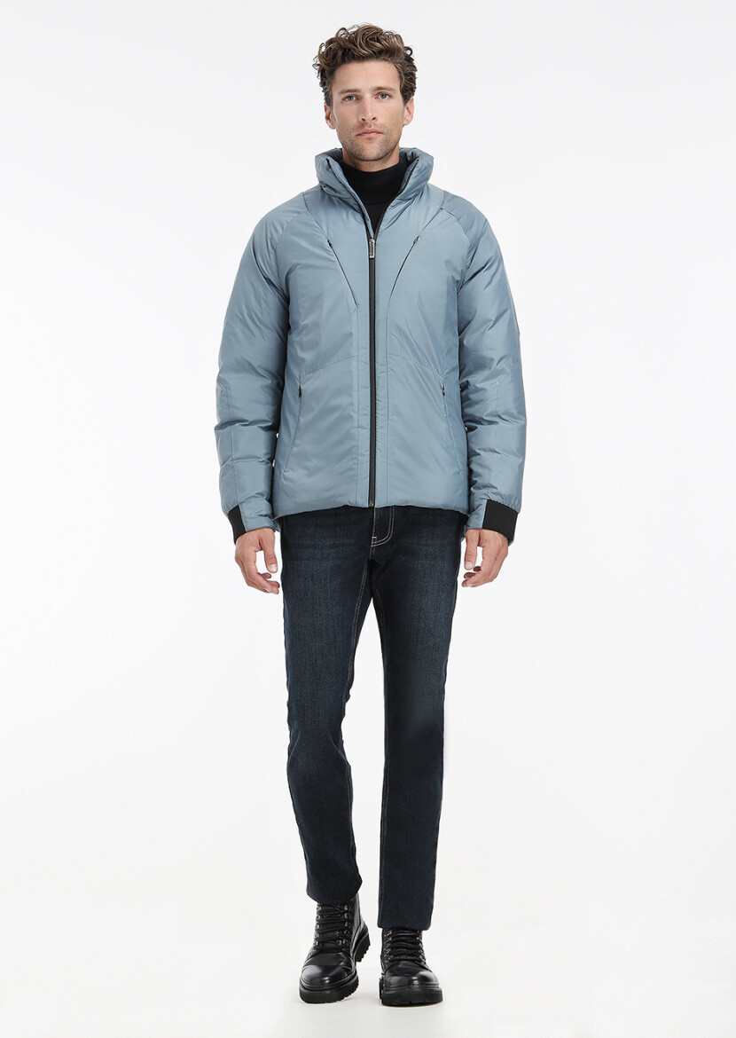 Blue Regular Fit Turtleneck Casual Weaving Coat - 1