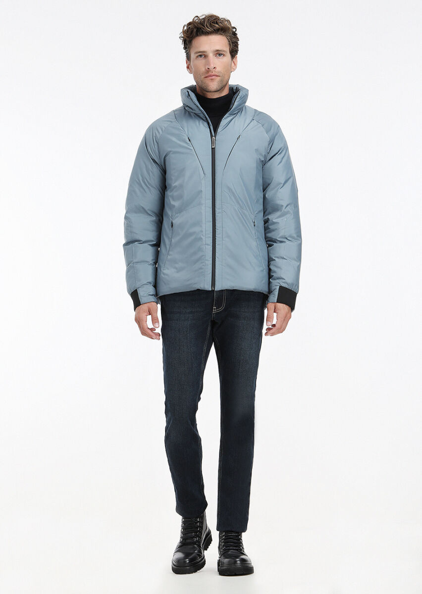 Blue Regular Fit Turtleneck Casual Weaving Coat - 1