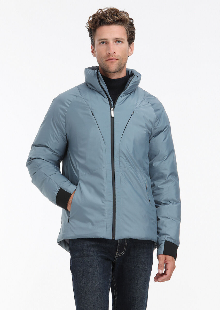 Blue Regular Fit Turtleneck Casual Weaving Coat - 3
