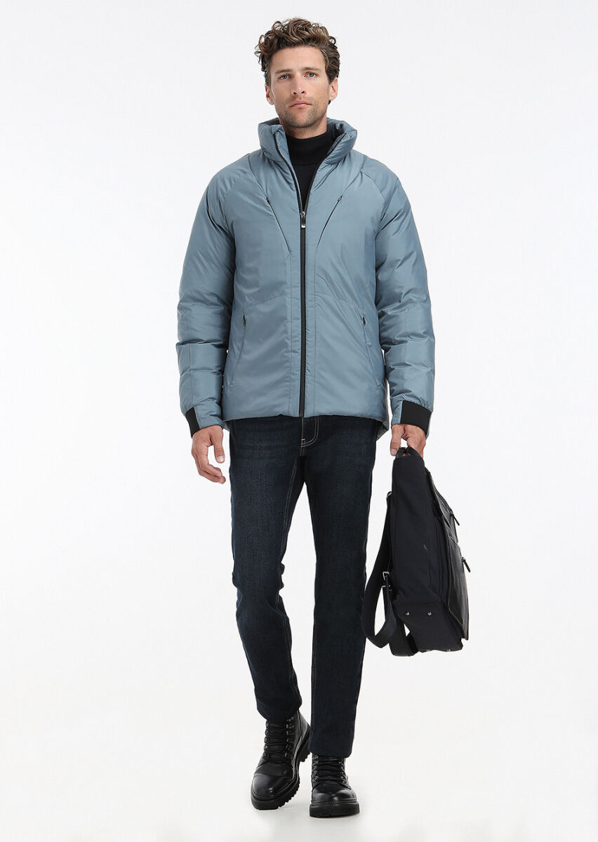 Blue Regular Fit Turtleneck Casual Weaving Coat - 4