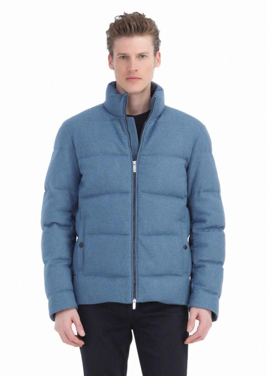 Blue Regular Fit Turtleneck Casual Weaving Coat - 1