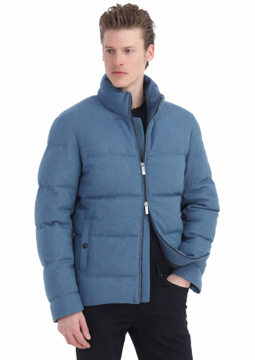 Blue Regular Fit Turtleneck Casual Weaving Coat - 3