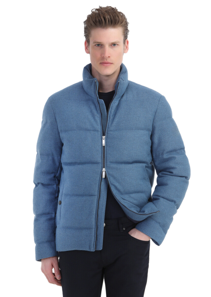 Blue Regular Fit Turtleneck Casual Weaving Coat - 4