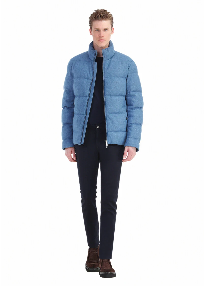 Blue Regular Fit Turtleneck Casual Weaving Coat - 2
