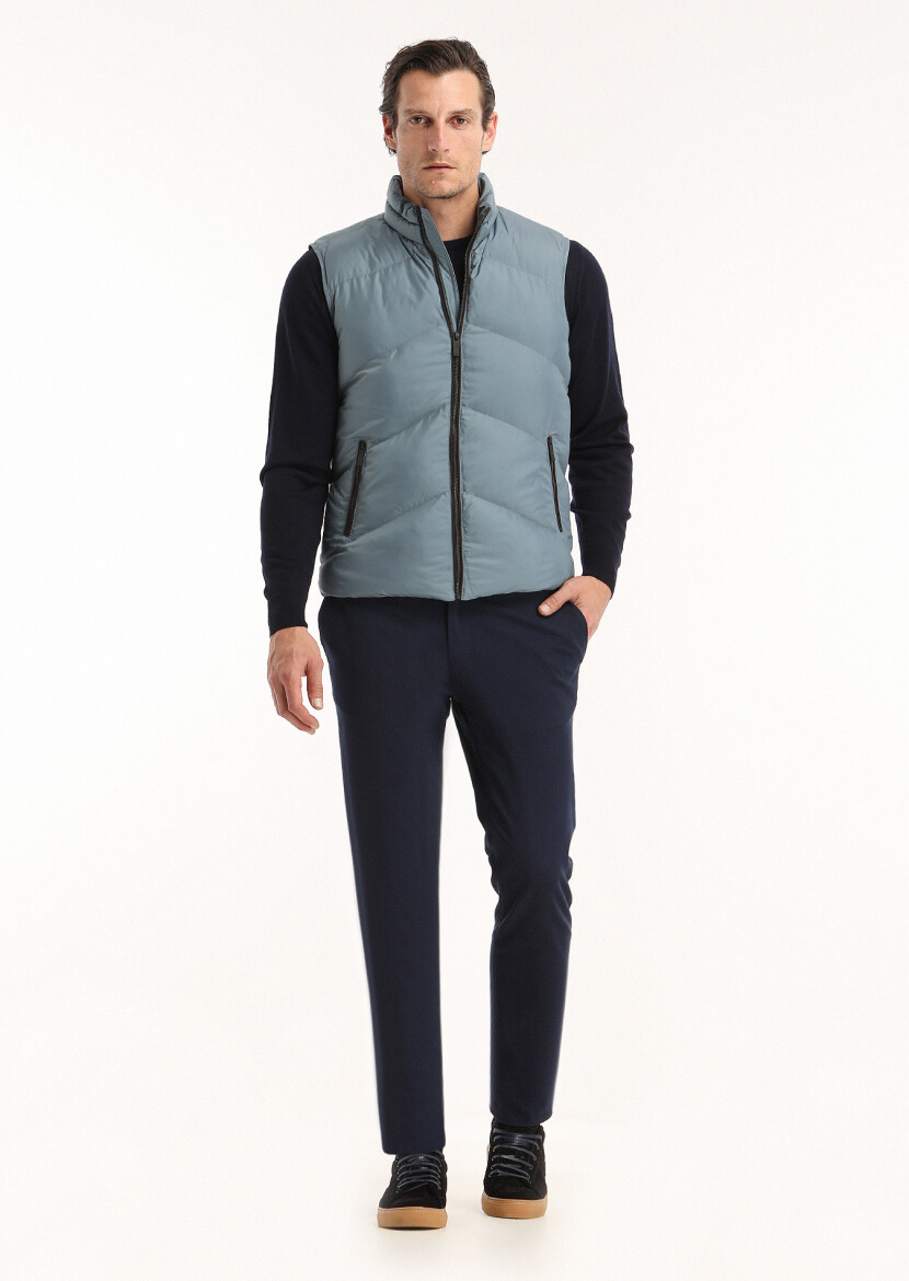 Blue Regular Fit Turtleneck Casual Weaving Puffer Vest - 1